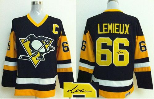 Penguins #66 Mario Lemieux Black CCM Throwback Autographed Stitched NHL Jersey