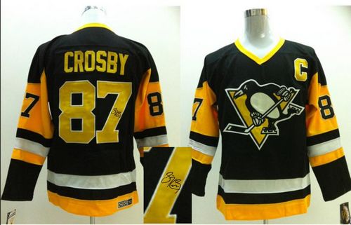 Penguins #87 Sidney Crosby Black CCM Throwback Autographed Stitched NHL Jersey