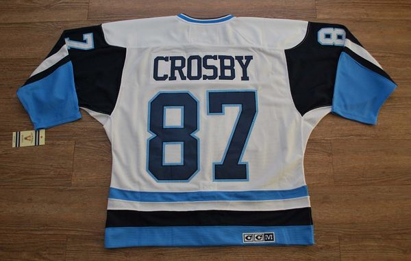 Penguins #87 Sidney Crosby Stitched White/Blue CCM Throwback NHL Jersey