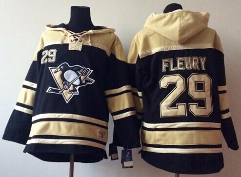 Penguins #29 Andre Fleury Black Sawyer Hooded Sweatshirt Stitched NHL Jersey