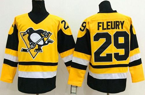Penguins #29 Andre Fleury Yellow Throwback Stitched NHL Jersey