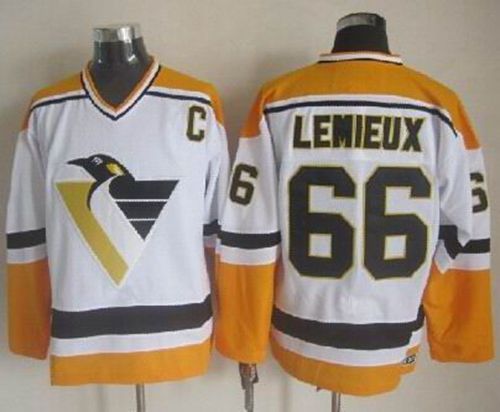 Penguins #66 Mario Lemieux White/Yellow CCM Throwback Stitched NHL Jersey