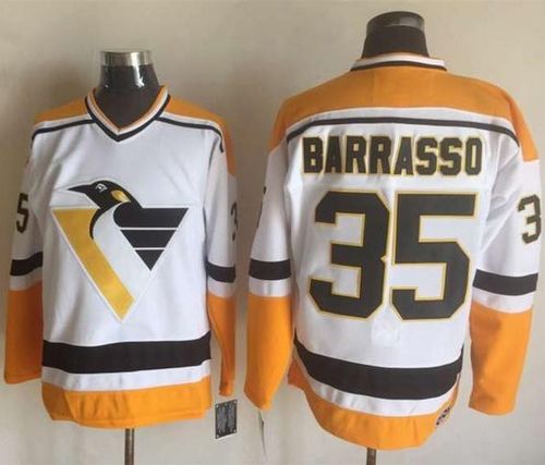 Penguins #35 Tom Barrasso White/Yellow CCM Throwback Stitched NHL Jersey