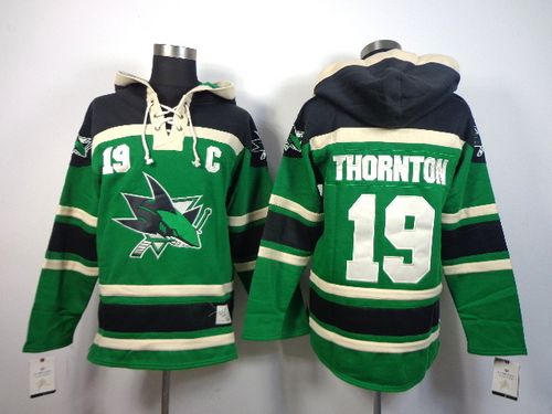 Sharks #19 Joe Thornton Green St. Patrick's Day McNary Lace Hoodie Stitched NHL Jersey