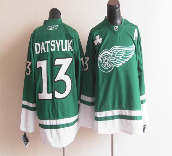 Red Wings St Patty's Day #13 Pavel Datsyuk Green Stitched NHL Jersey