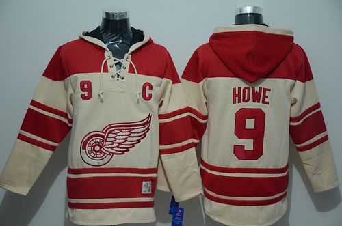 Red Wings #9 Gordie Howe Cream Sawyer Hooded Sweatshirt Stitched NHL Jersey