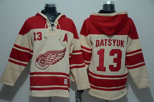 Red Wings #13 Pavel Datsyuk Cream Sawyer Hooded Sweatshirt Stitched NHL Jersey