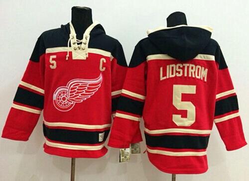 Red Wings #5 Nicklas Lidstrom Red Sawyer Hooded Sweatshirt Stitched NHL Jersey