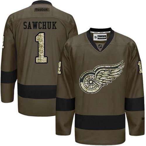 Red Wings #1 Terry Sawchuk Green Salute to Service Stitched NHL Jersey