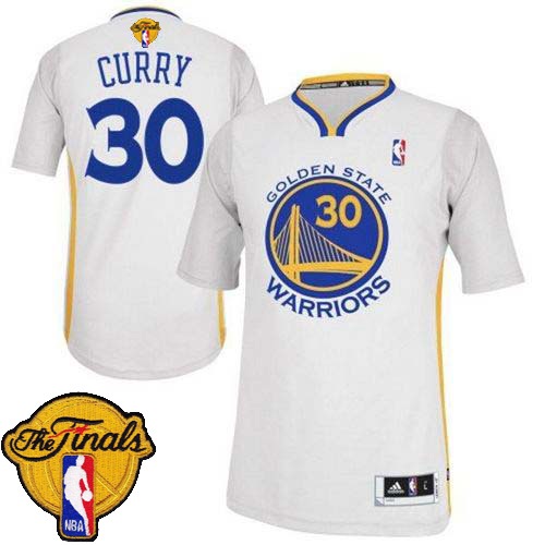 2015 NBA Finals Patch Golden State Warriors 30 Stephen Curry New Revolution 30 Swingman White Jersey with Sleeve