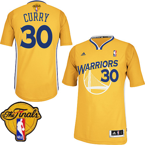 2015 NBA Finals Patch Golden State Warriors 30 Stephen Curry New Revolution 30 Swingman Yellow Jersey with Sleeve