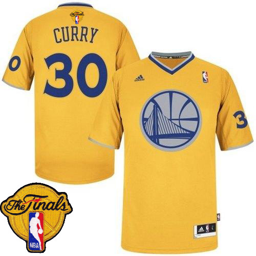2015 NBA Finals Patch Golden State Warriors 30 Stephen Curry New Revolution 30 Swingman Yellow Jerseys with Sleeve