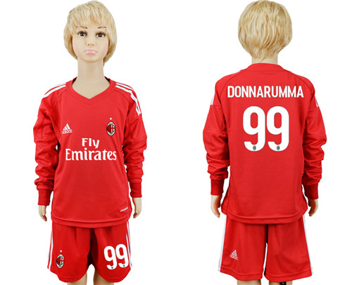 2017 18 AC Milan 99 DONNARUMMA Red Goalkeeper Youth Long Sleeve Soccer Jersey