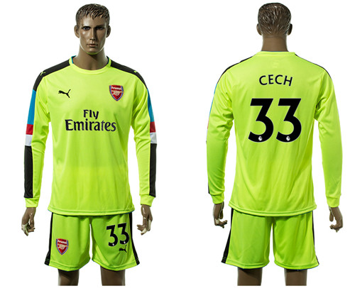 2017 18 Arsenal 33 CECH  Fluorescent Green Long Sleeve Goalkeeper Soccer Jersey