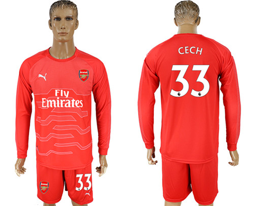 2017 18 Arsenal 33 CECH Red Long Sleeve Goalkeeper Soccer Jersey