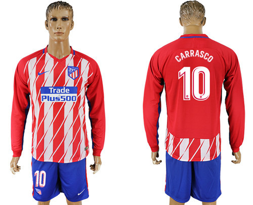 2017 18 Atletico Madrid 10 CARRASCO Home Long Sleeve Soccer Jersey
