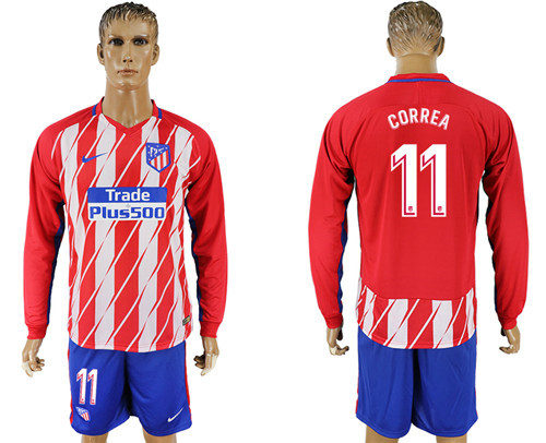 2017 18 Atletico Madrid 11 CORREA Home Long Sleeve Soccer Jersey