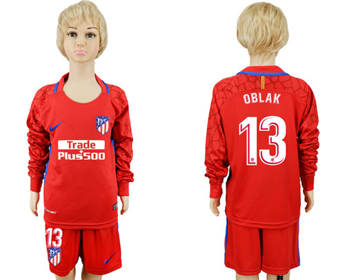 2017 18 Atletico Madrid 13 OBLAK Red Youth Long Sleeve Goalkeeper Soccer Jersey