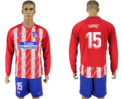 2017 18 Atletico Madrid 15 SAVIC Home Long Sleeve Soccer Jersey