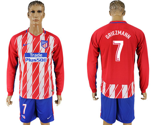 2017 18 Atletico Madrid 7 GRIEZMANN Home Long Sleeve Soccer Jersey