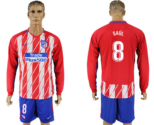 2017 18 Atletico Madrid 8 SAUL Home Long Sleeve Soccer Jersey