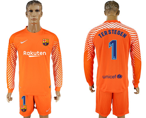 2017 18 Barcelona 1 TER STEGEN Orange Long Sleeve Goalkeeper Soccer Jersey