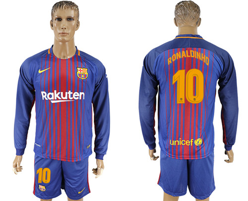 2017 18 Barcelona 10 RONALDINHO Home Long Sleeve Soccer Jersey