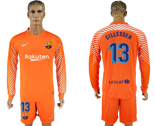 2017 18 Barcelona 13 CILLESSEN Orange Long Sleeve Goalkeeper Soccer Jersey