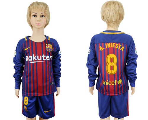 2017 18 Barcelona 4 A. INIESTA Youth Home Long Sleeve Soccer Jersey