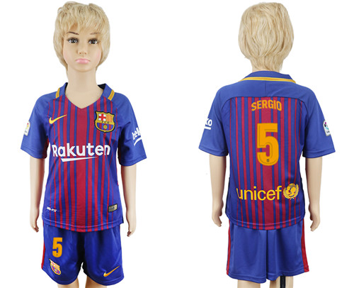 2017 18 Barcelona 5 SERGIO Home Youth Soccer Jersey