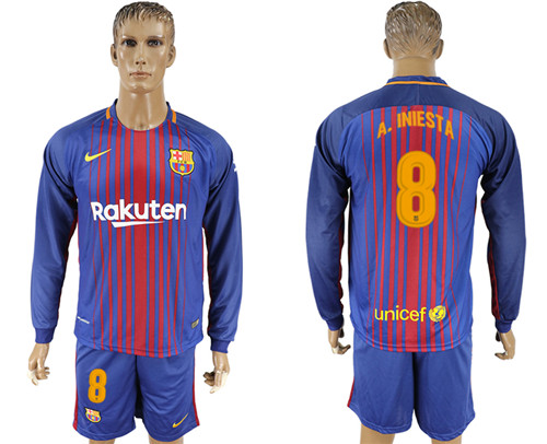 2017 18 Barcelona 8 A. INIESTA Home Long Sleeve Soccer Jersey