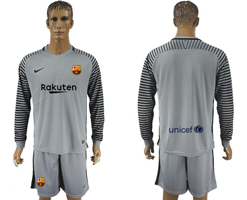 2017 18 Barcelona Gray Goalkeeper Long Sleeve Soccer Jersey