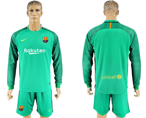 2017 18 Barcelona Green Goalkeeper Long Sleeve Soccer Jersey