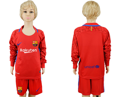 2017 18 Barcelona Red Youth Long Sleeve Goalkeeper Soccer Jersey