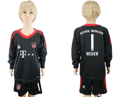 2017 18 Bayern Munich 1 NEUER Black Youth Long Sleeve Soccer Jersey