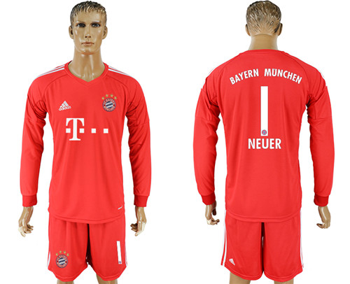 2017 18 Bayern Munich 1 NEUER Red Long Sleeve Goalkeeper Soccer Jersey