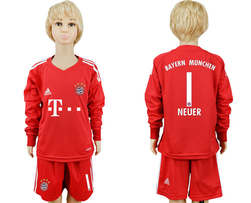 2017 18 Bayern Munich 1 NEUER Red Youth Long Sleeve Goalkeeper Soccer Jersey