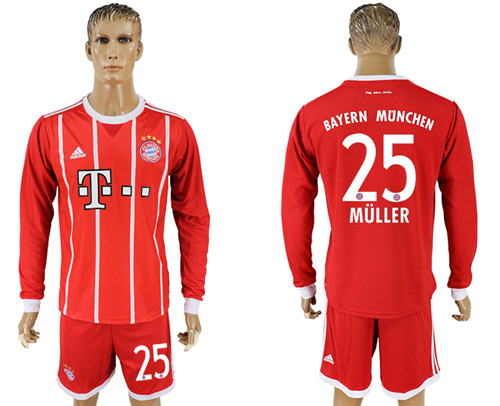 2017 18 Bayern Munich 25 MULLER Home Long Sleeve Soccer Jersey