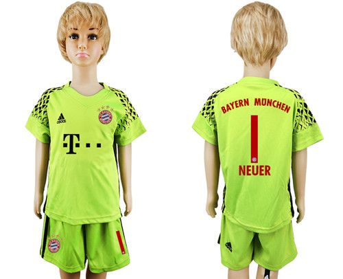 2017 18 Bayern Munich Fluorescent 1 NEUER Green Youth Goalkeeper Soccer Jersey