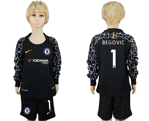 2017 18 Chelsea 1 BEGOVIC Black Youth Long Sleeve Goalkeeper Soccer Jersey