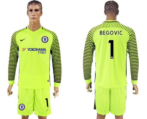 2017 18 Chelsea 1 BEGOVIC Fluorescent Green Goalkeeper Long Sleeve Soccer Jersey