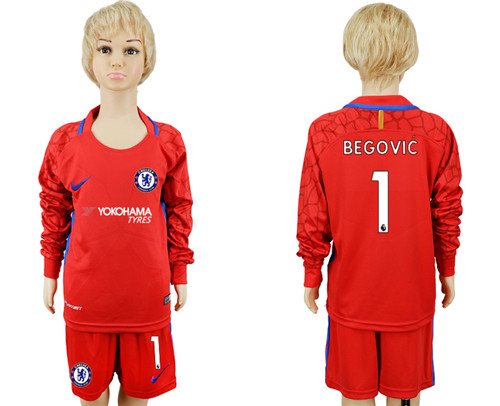 2017 18 Chelsea 1 BEGOVIC Red Youth Long Sleeve Goalkeeper Soccer Jersey