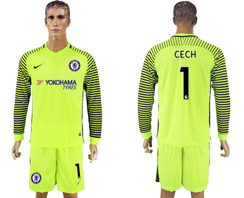 2017 18 Chelsea 1 CECH Fluorescent Green Goalkeeper Long Sleeve Soccer Jersey