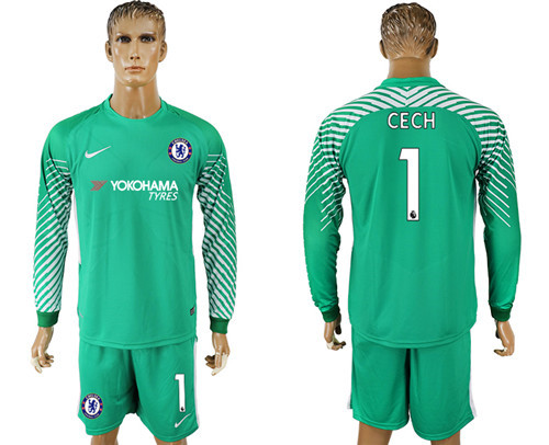 2017 18 Chelsea 1 CECH Green Long Sleeve Goalkeeper Soccer Jersey