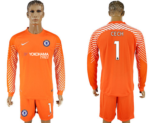 2017 18 Chelsea 1 CECH Orange Long Sleeve Goalkeeper Soccer Jersey
