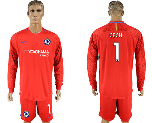 2017 18 Chelsea 1 CECH Red Long Sleeve Goalkeeper Soccer Jersey