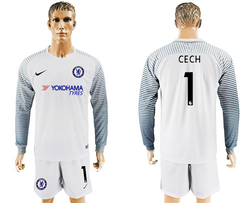 2017 18 Chelsea 1 CECH White Goalkeeper Long Sleeve Soccer Jersey