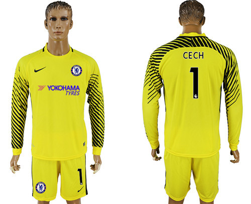 2017 18 Chelsea 1 CECH Yellow Long Sleeve Goalkeeper Soccer Jersey
