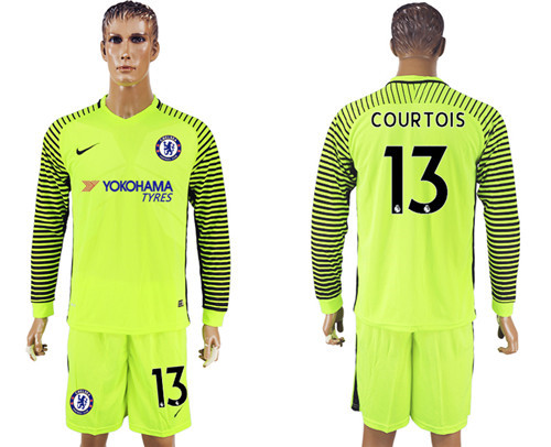 2017 18 Chelsea 13 COURTOIS Fluorescent Green Goalkeeper Long Sleeve Soccer Jersey