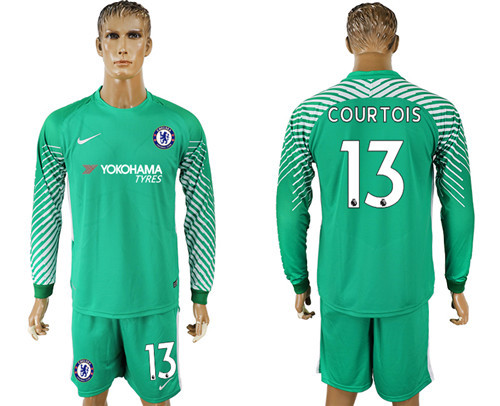 2017 18 Chelsea 13 COURTOIS Green Long Sleeve Goalkeeper Soccer Jersey